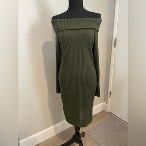 Womens off the shoulder army military green sweater midi dress - size S